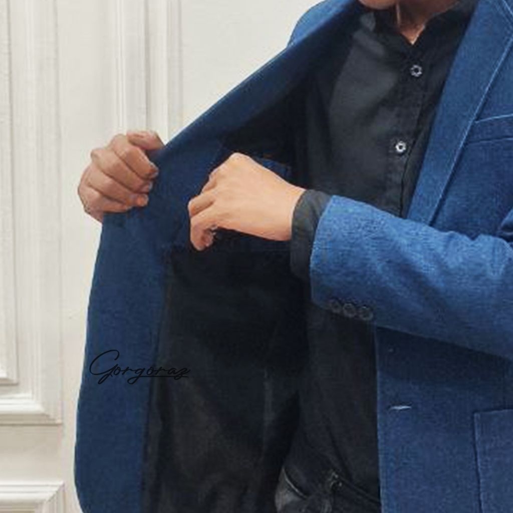 jas denim pria blazer denim keren slimfit