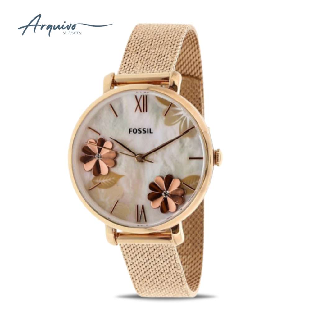 Jam Tangan Fossil Wanita Jacqueline Rosegold Stainless Steel Dial Floral Mewah Original ES4534