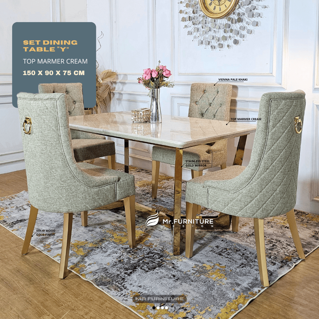 set meja makan y holo stainless gold top marmer krem tempel uk 150x90x75cm dan kursi makan 4pc