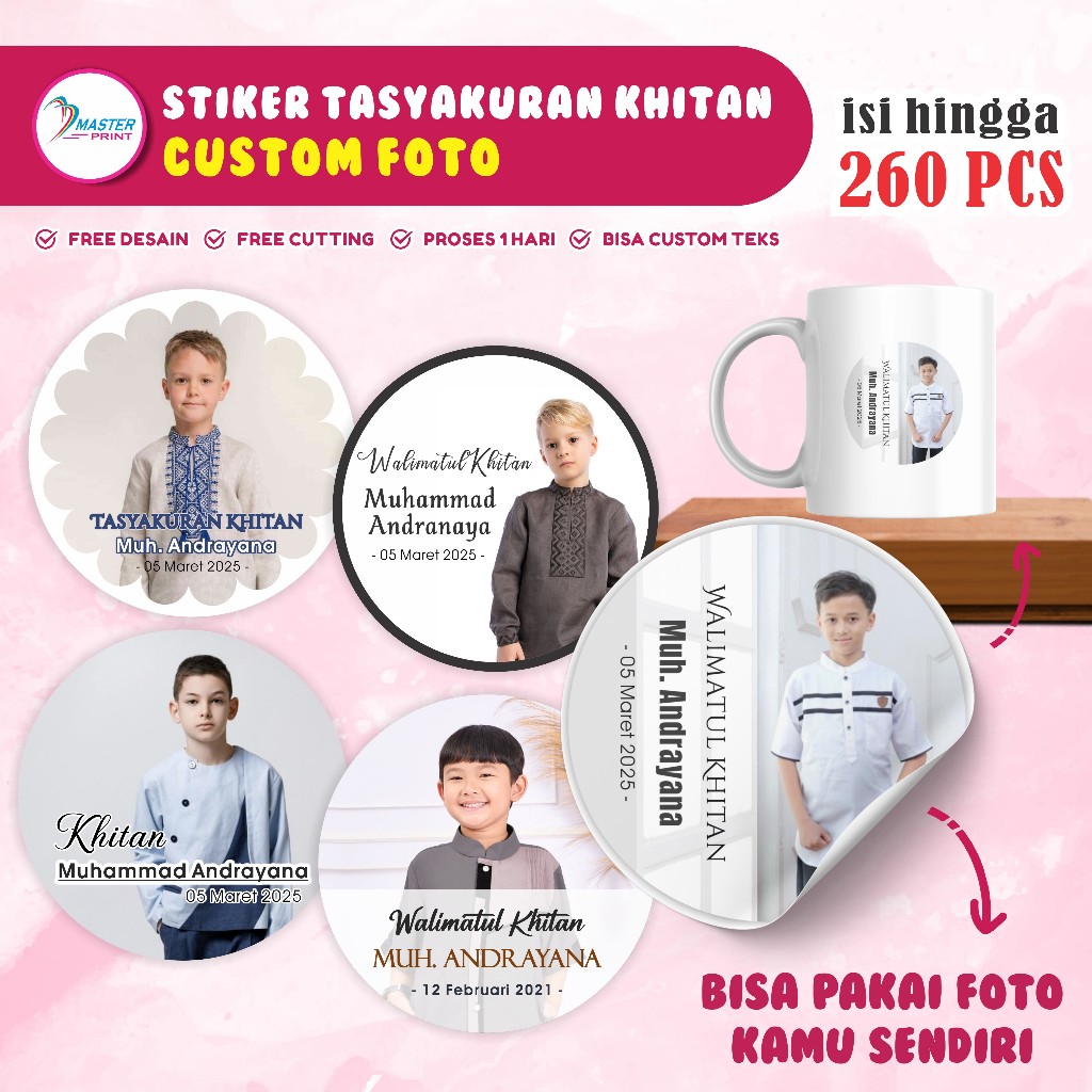 

[mp75] 260 pcs Stiker Souvenir Tasyakuran Khitan Custom Foto Murah