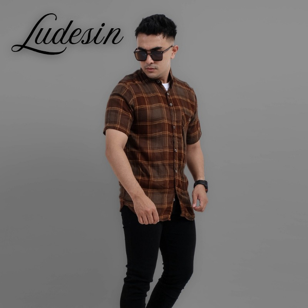 kemeja motif lengan pendek kemeja kota kotak distro kain flanel casual v-neck kemeja pria dewasa