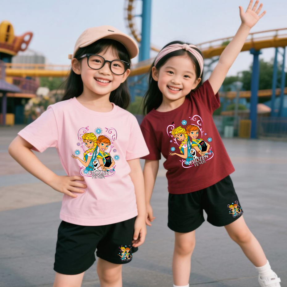 Setelan Anak Kaos & Celana Pendek | Baju Unisex Usia 5-15 Tahun | Motif FROZEN FEVER