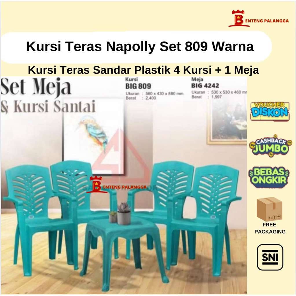 (KHUSUS INSTANT) KURSI TERAS NAPOLLY - 809 SET 4 KURSI + 1 MEJA | Kursi Santai Plastik Warna Merah H