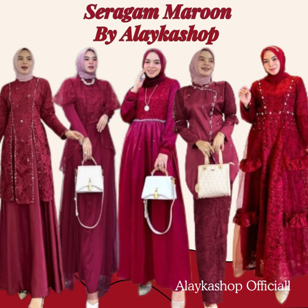 SERAGAM BUSANA MUSLIM WARNA MERAH MAROON UKURAN M L XL TERBARU /GAMIS WISUDA / GAUN PESTA MUSLIMAH