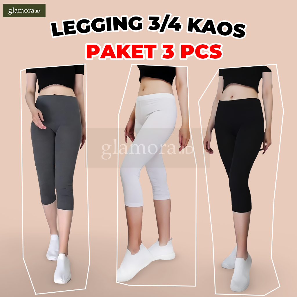 Glamora - Isi 3 Pcs Legging Wanita Pendek 3/4 Bahan Kaos L - Xxxl/ Celana Lejing Pendek Bahan Import