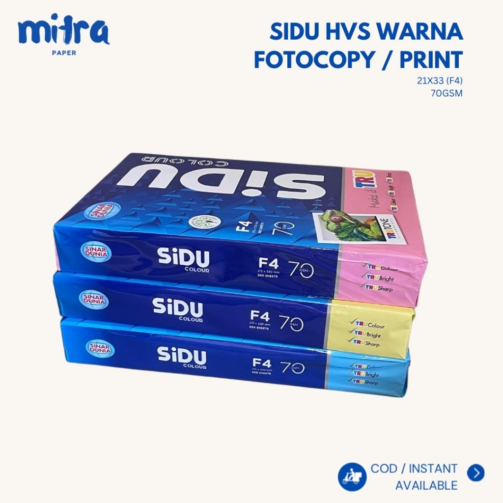 

SIDU Warna Kertas F4 70 Gr Digital 1 Rim (500 lembar) Warna Biru, Merah, Kuning / Kertas HVS F4 Kertas Fotocopy SIDU