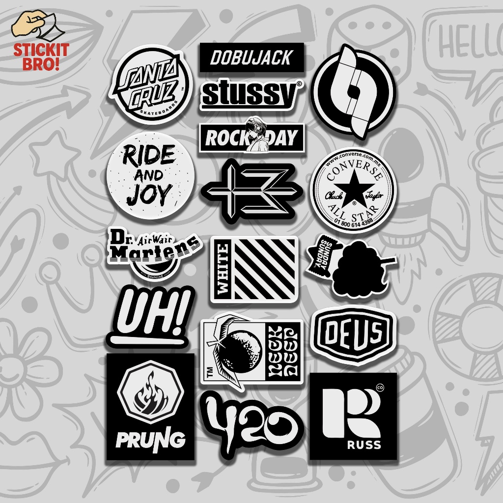 

Sticker Pack BRAND VOL 04 Aesthetic Vynil Anti Air Potongan KissCut Tumblr Helm Laptop BLACK & WHITE