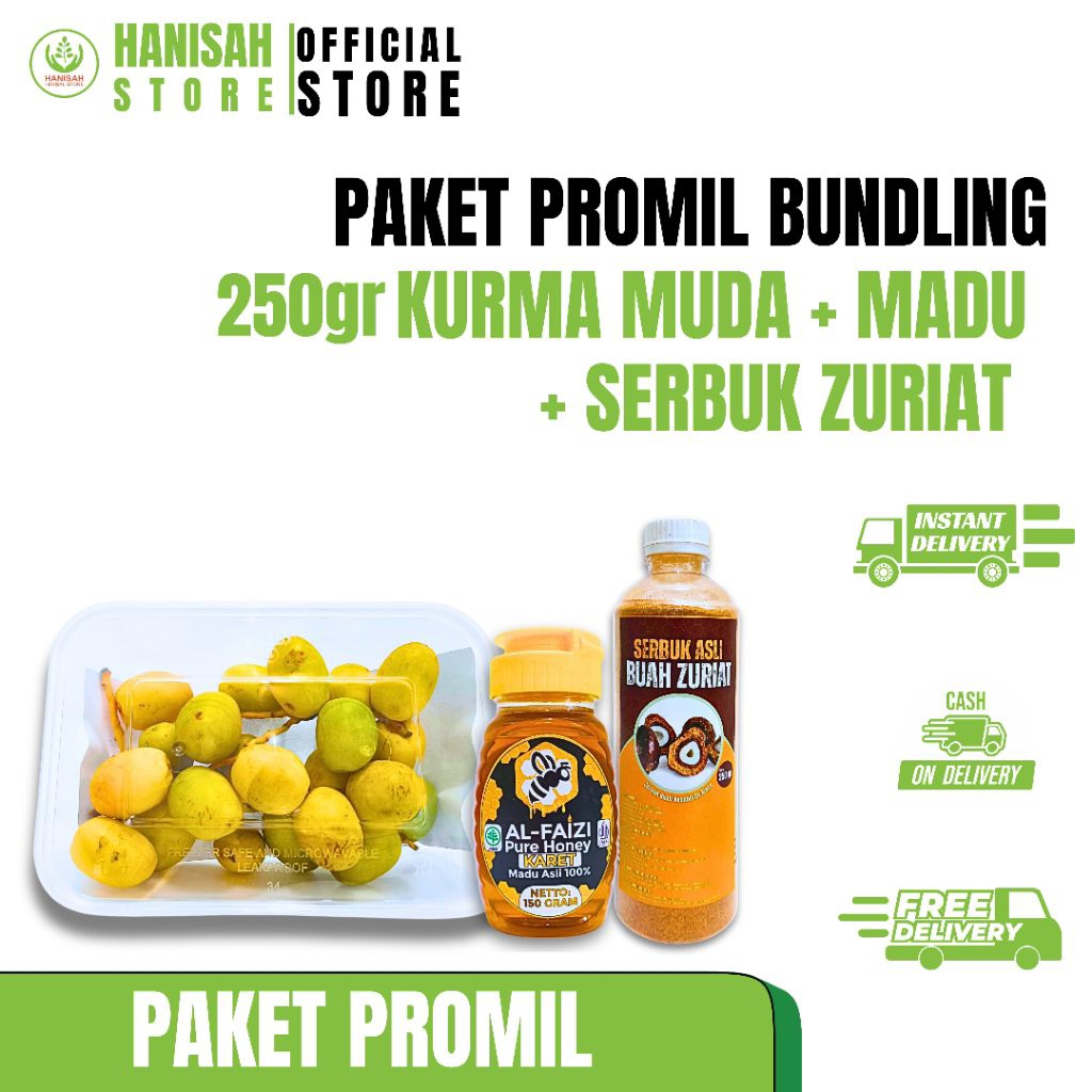 

PAKET PROMIL KURMA MUDA - MADU MURNI AL-FAIZI 150 gr - SERBUK ZURIAT 250 gr | Untuk Promil | hanisahstore