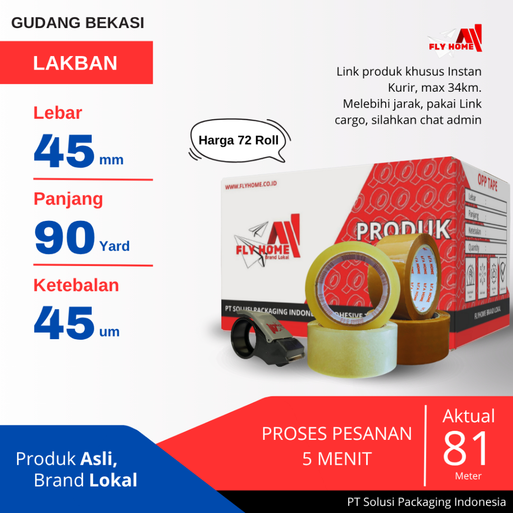 

FLYHOME 1Dus Lakban Bening Coklat 45x90Y 2inch 81METER 90 Yard INSTAN