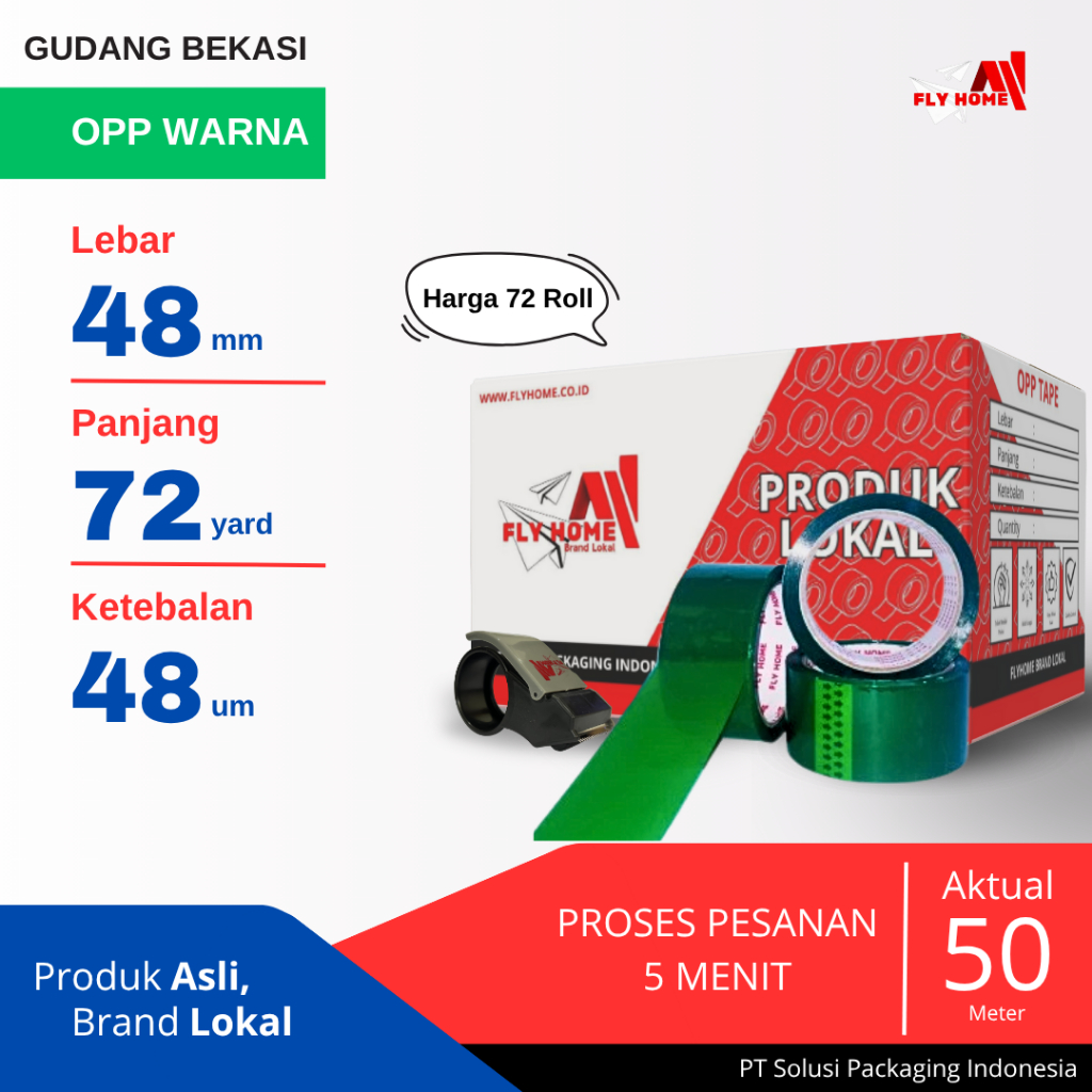 

FLYHOME 1Dus Lakban Warna Hijau 48x72Y 2inchi 72 Yard CARGO