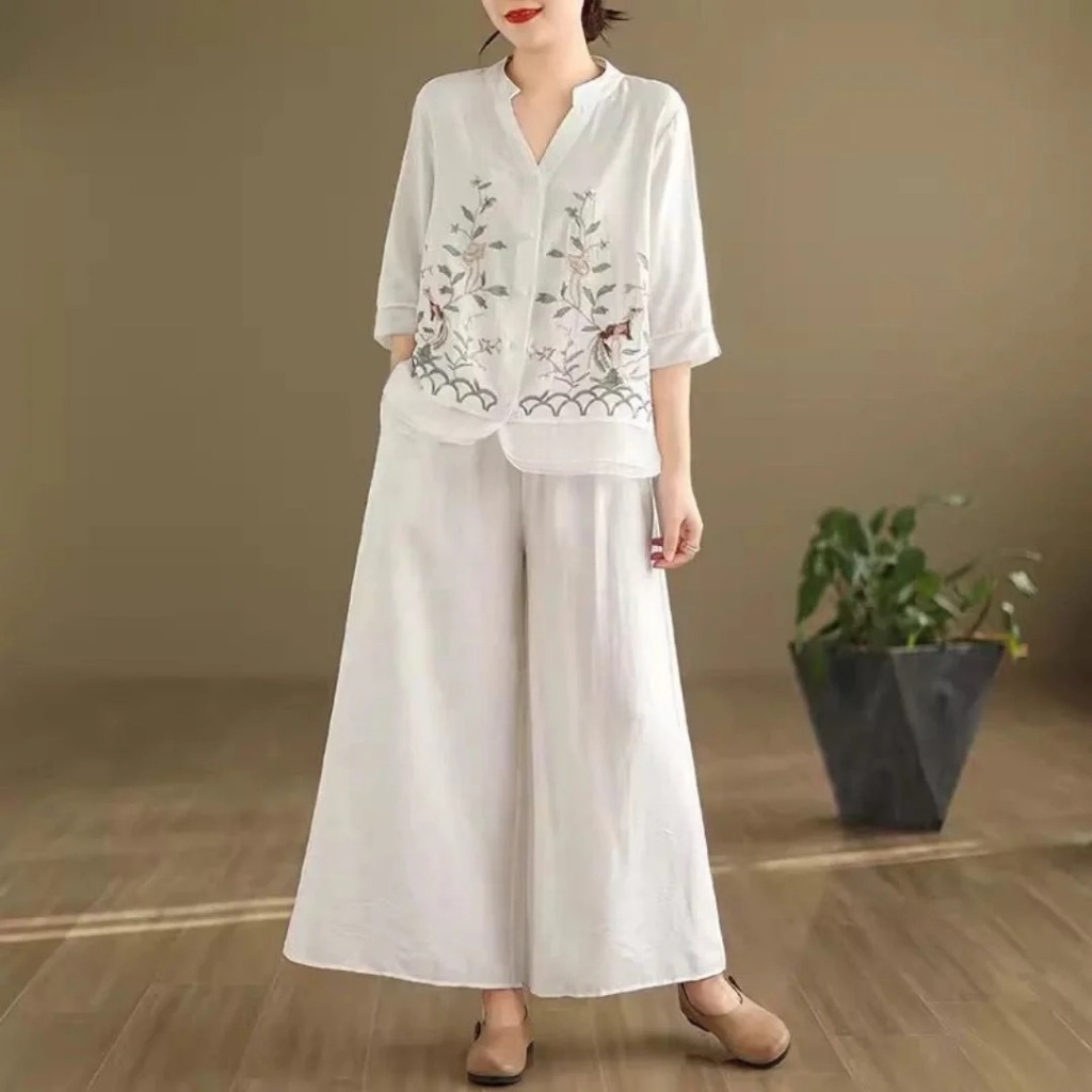 Setelan Wanita Kekinian Irene Set WD Bahan Kain Linen Rami Aplikasi Bordir Size M L XL XXL XXXL One 