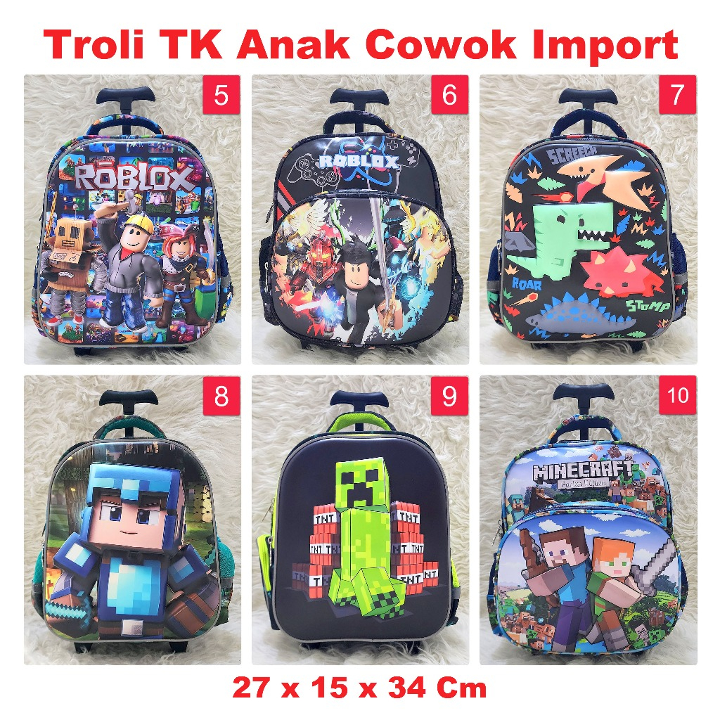 Tas Koper Anak TK Karakter Import trolley school bag Spiderman Batman Roblox Tas troli Sekolah