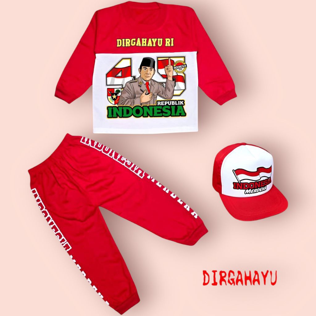 SETELAN BAJU LENGAN PANJANG ANAK DIRGAHAYU KEMERDEKAAN 45 (ADA TOPI)UNTUK USIA 1-10 TAHUN