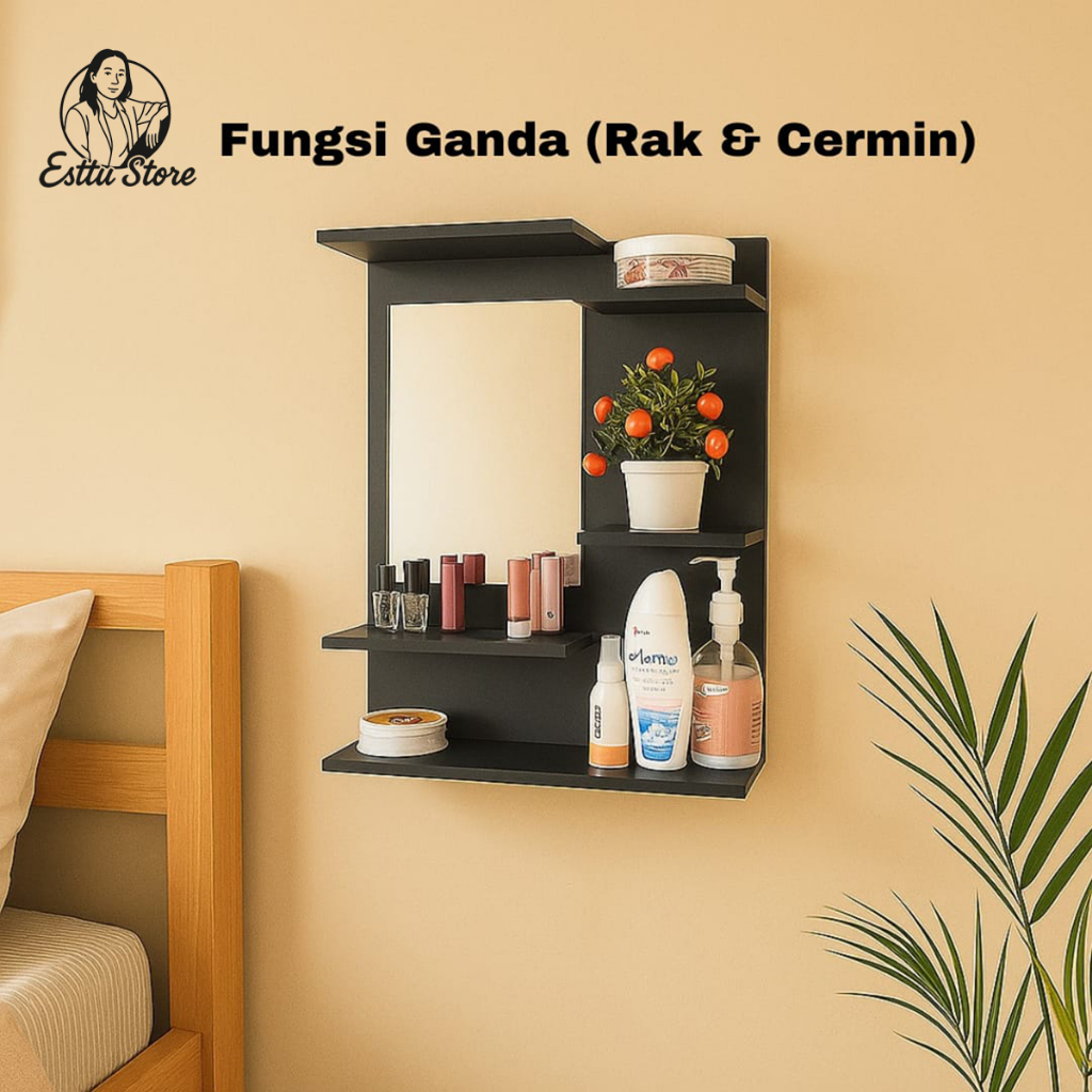 Rak Cermin Dinding Minimalis Serbaguna | Rak Tempel Kamar Estetik | Makeup Organizer+Cermin Gantung