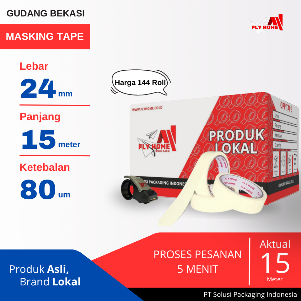 

FLYHOME 1Dus Lakban Kertas 24x15M 1inchi Masking Tape 15meter CARGO