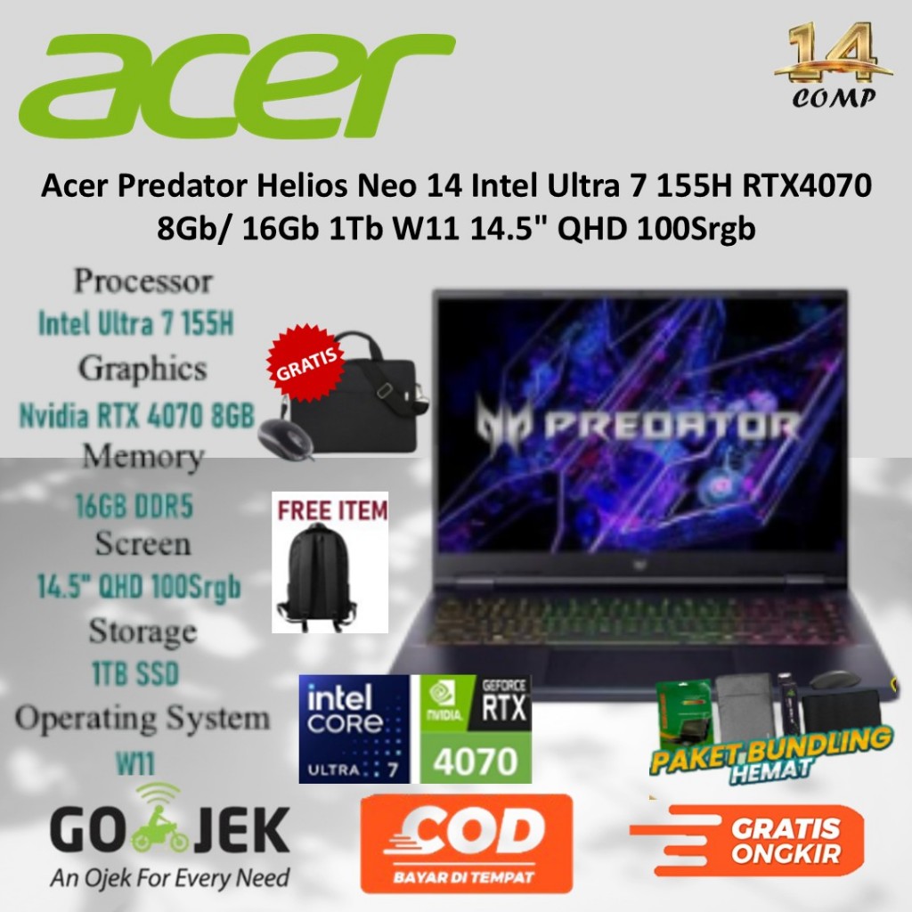 Acer Predator Helios Neo 14 Intel Ultra 7 155H RTX4070 8Gb/ 16Gb 1Tb W11 14.5" QHD 100Srgb