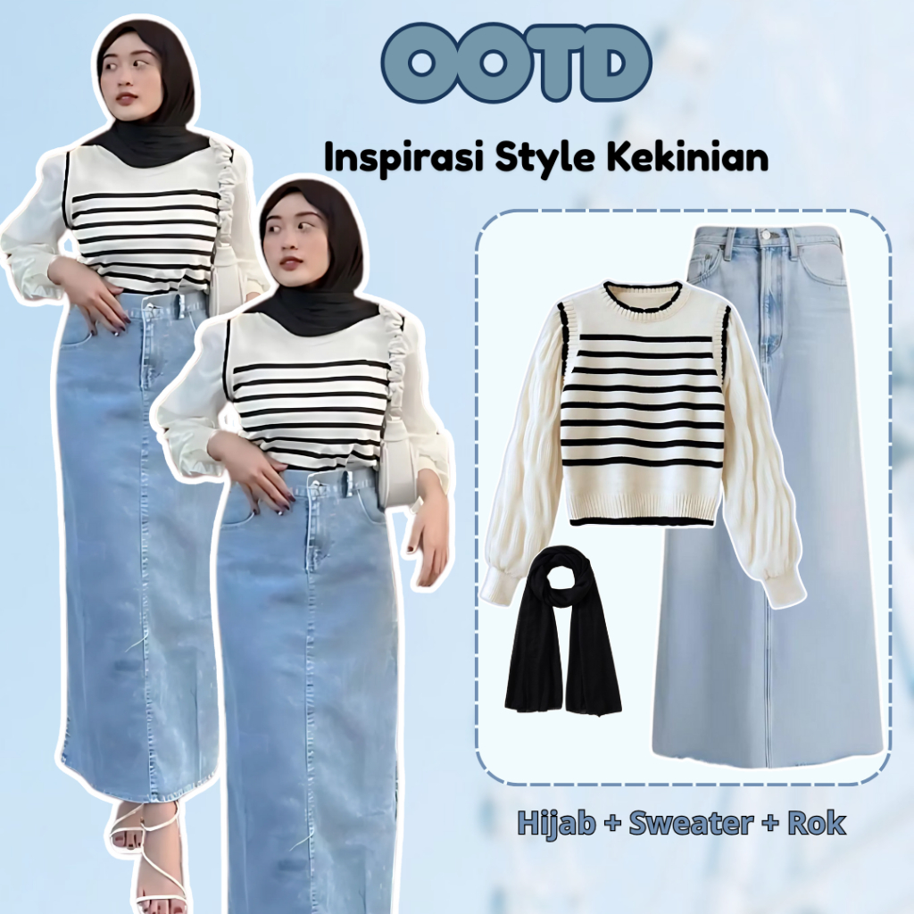 Set Rok Korean Style Hijab  Oneset Kekinian (Sweater Stripe + Rok Jeans + Hijab Segiempat ) L034