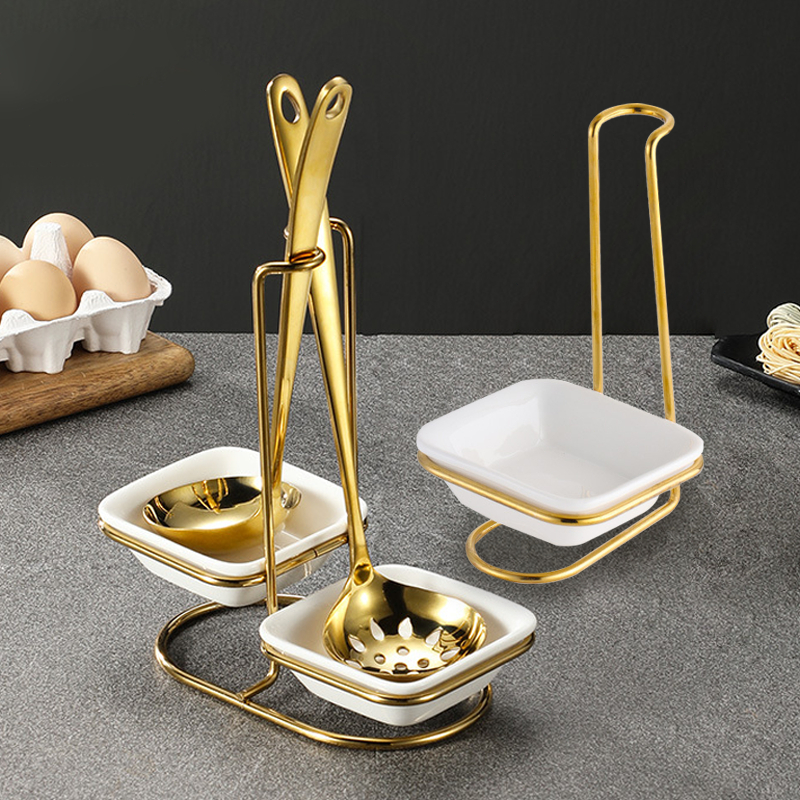 Ladle Soup Holder Stainless Steel Spatula Dengan Mangkuk Keramik Ladle Soup Holder Emas Tempat Sendo
