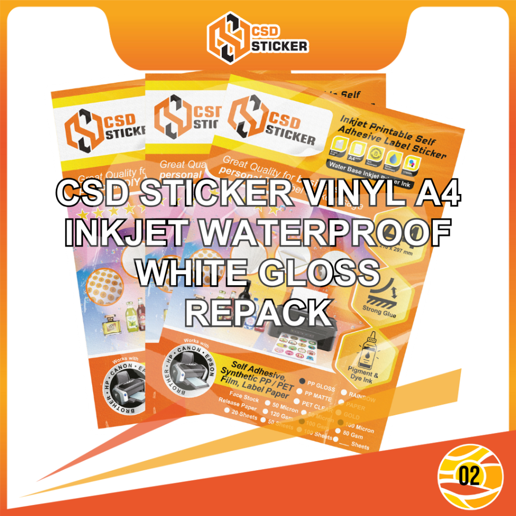 

CSD Sticker Vinyl Inkjet A4 Waterproof Synthetic PET/PP Film Transparan/Gloss/Matte Stiker Premium Anti Air Repack 50