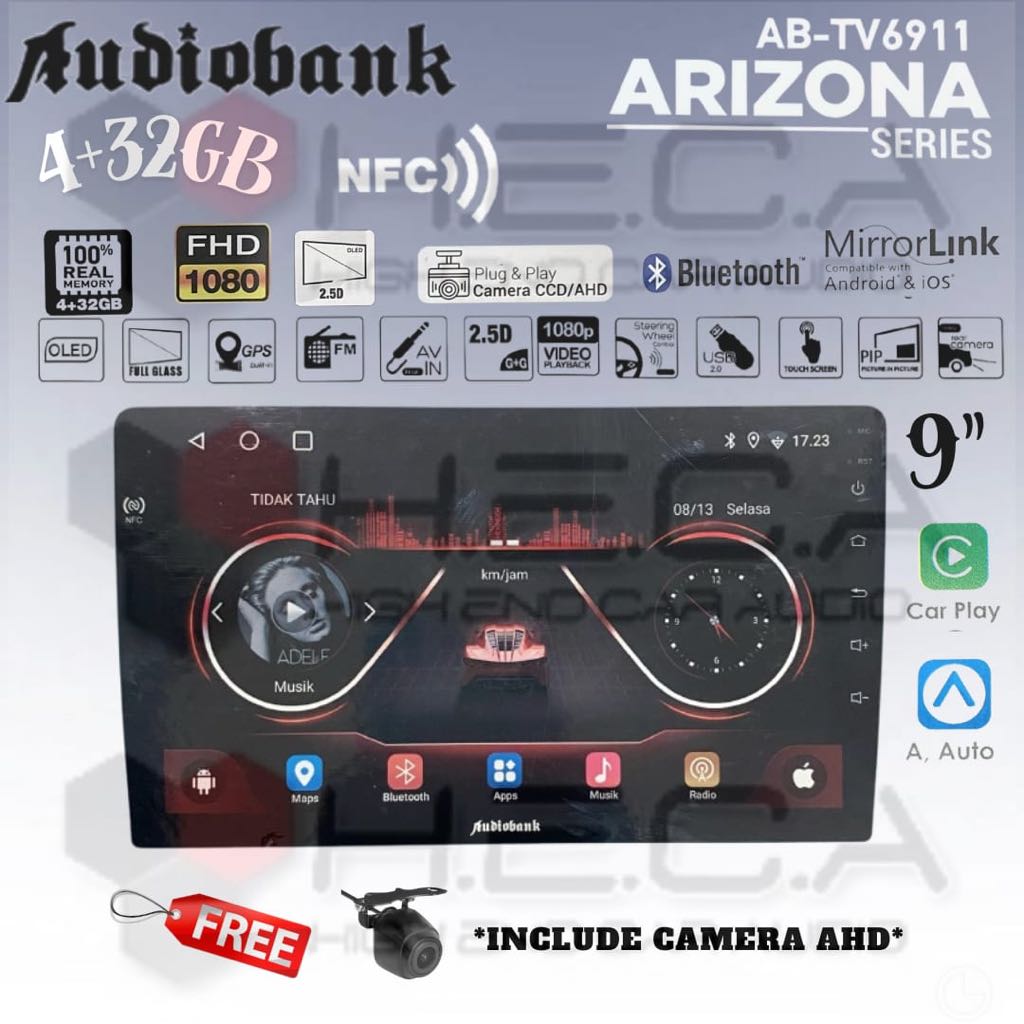 Audiobank ARIZONA Series NFC 4/32 GB Android 9" Inch Head Unit AB-TV6911 Double Din Tape Mobil + Cam