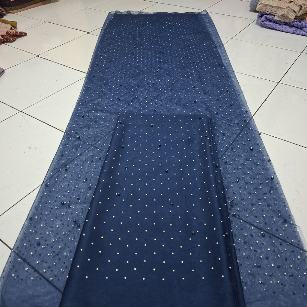 1/2 meter Kain Tulle Swarovski Pearl Stune Bakal Kebaya bahan Tile Mutiara payet meteran
