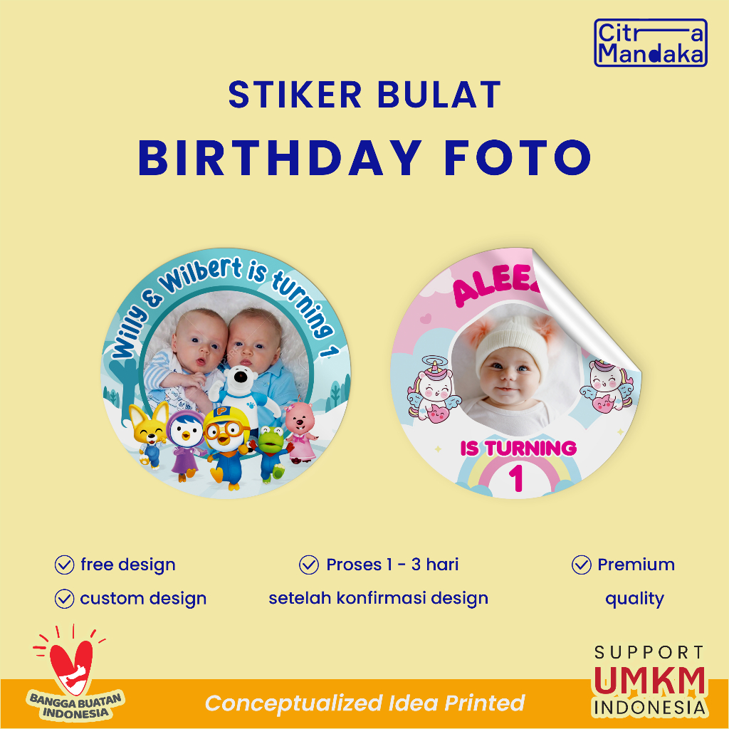 Stiker Bulat Ulang Tahun Anak | Stiker Ultah Anak Custom Foto | Souvenir Ulang Tahun Anak | Birthday