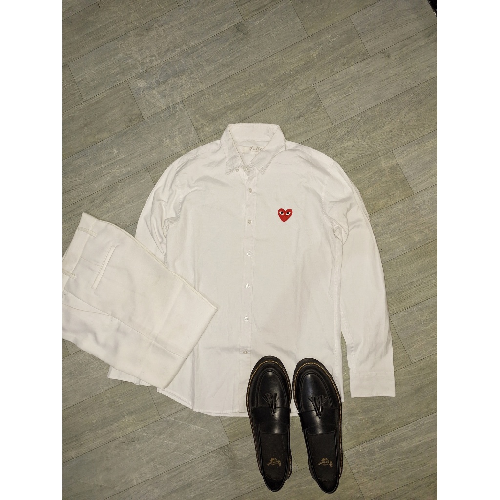 Kemeja Comme Des Garcons CDG Play White Red Heart Pria Wanita Cotton Original