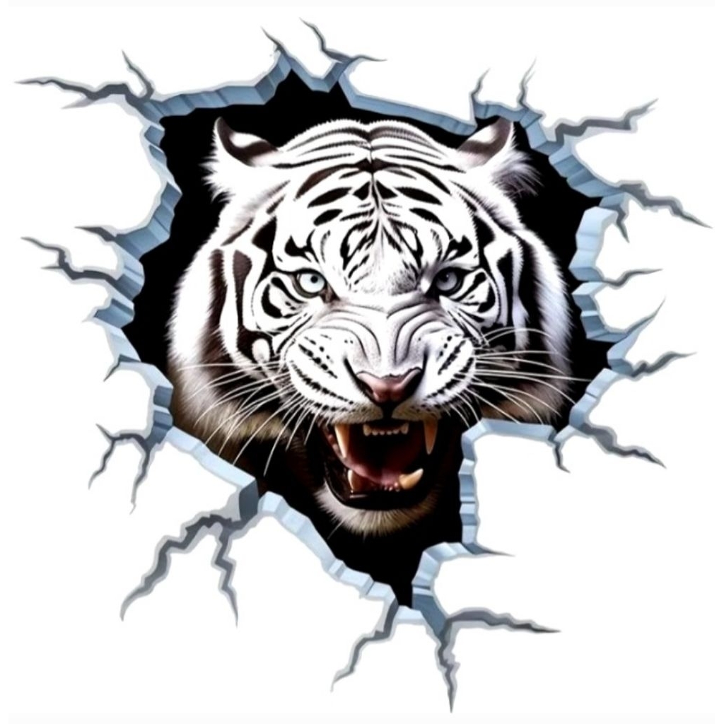 

stijer 3D harimau putih keren, stiker print sudah cutting, size 15 x 18 cm, anti air