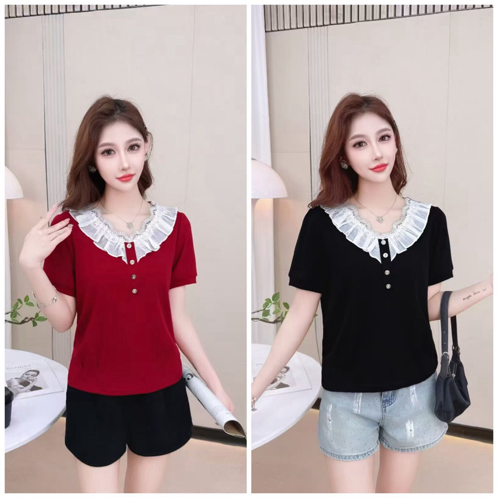 BILLENSHOP - KAOS IMPORT WANITA MODEL RENDA V-NECK