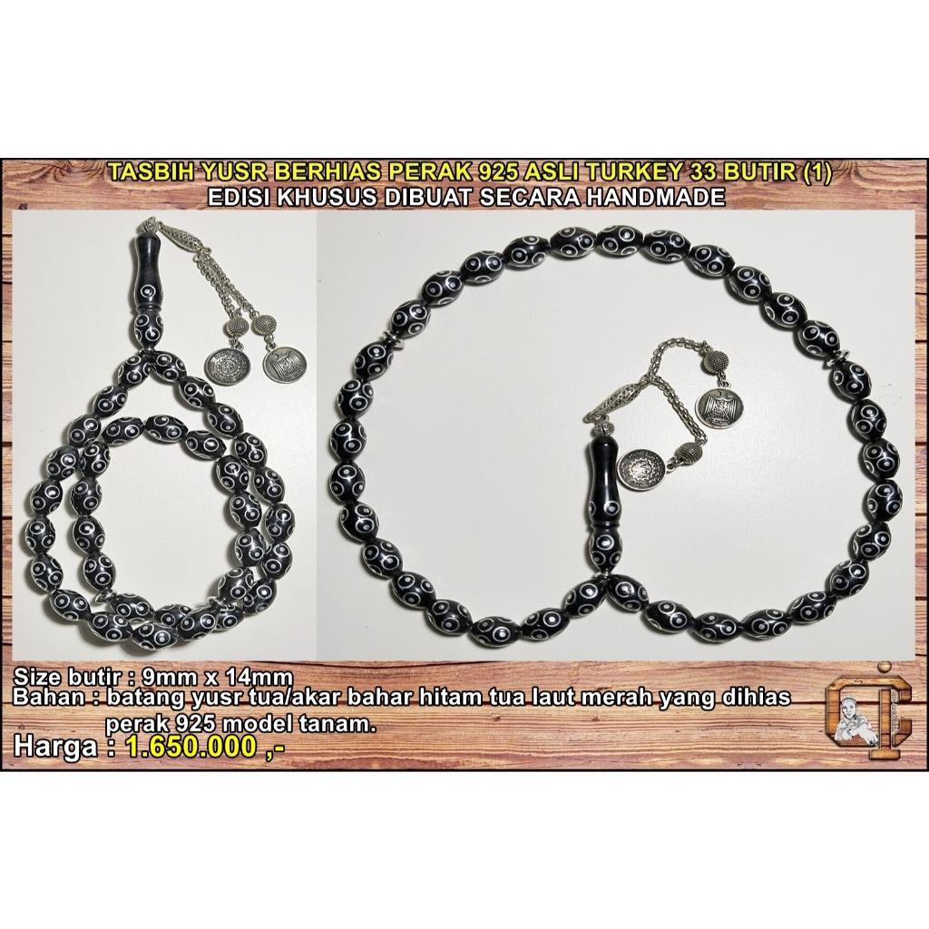 Tasbih yusr berhias perak 925 antik asli turkey 33 butir edisi khusus.