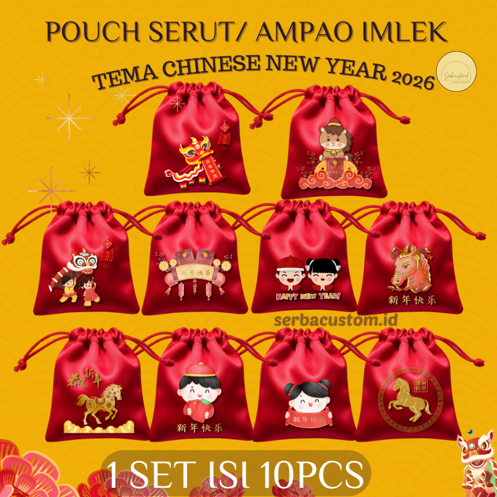 

ISI 10 PCS Angpao Imlek Premium Shio Kuda tahun 2026/ Pouch serut / angpao unik
