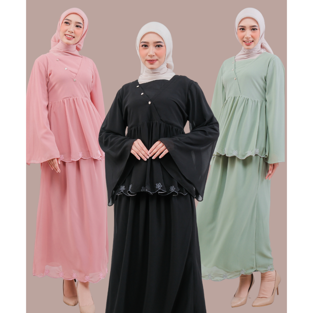 Naura One Set Atasan Dan Rok Bahan Ceruty - Stelan Wanita Bordir - Oneset Malaysia