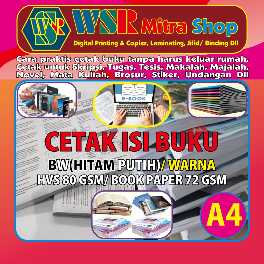 

JASA CETAK ISI BUKU BW(HITAM PUTIH)/ WARNA UKURAN A4 BOOK PAPER 72 GSM