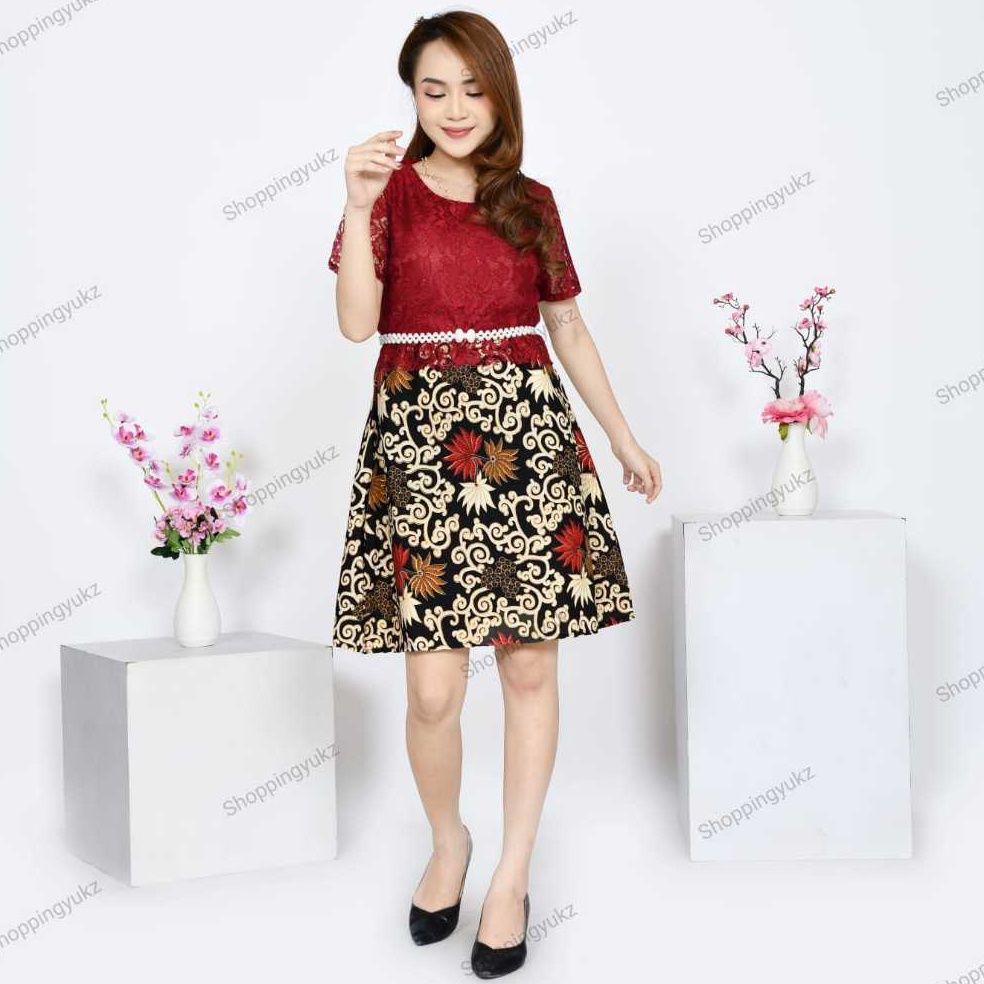 KODE D74N Dress Batik Modern Brukat Lengan Pendek Dress Wanita Hitam Merah Maroon Baju Lebaran Anak 