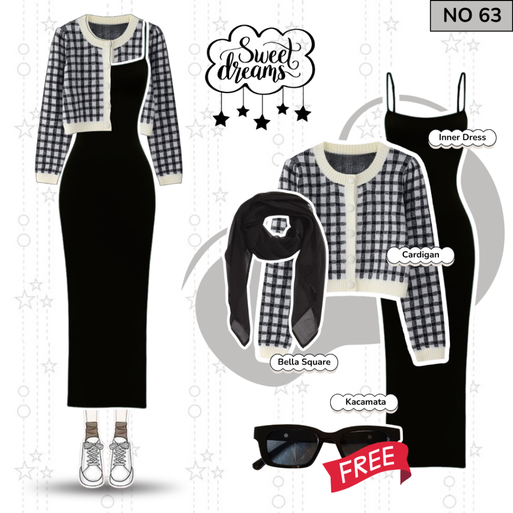 Outfit Pantai Wanita Hijab (Cardigan Kotak, Inner Dress, Bella Square) Setelan Cewek Kekinian | NO63