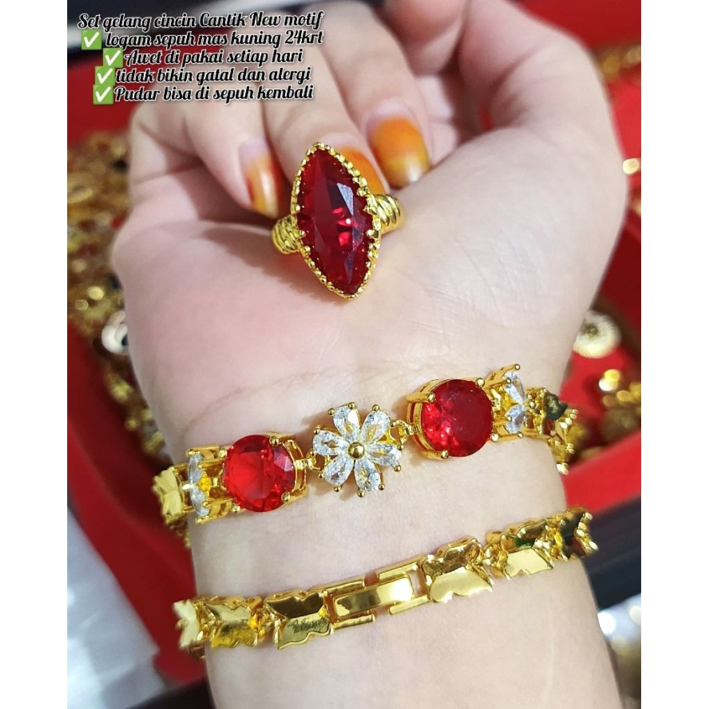 set gelang & cincin dewasa logam koin sepuh mas 24k