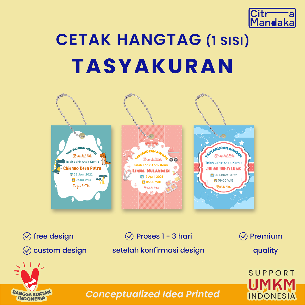 

Hang Tag Custom Souvenir Tasyakuran Aqiqah Kelahiran Bayi 1 Sisi