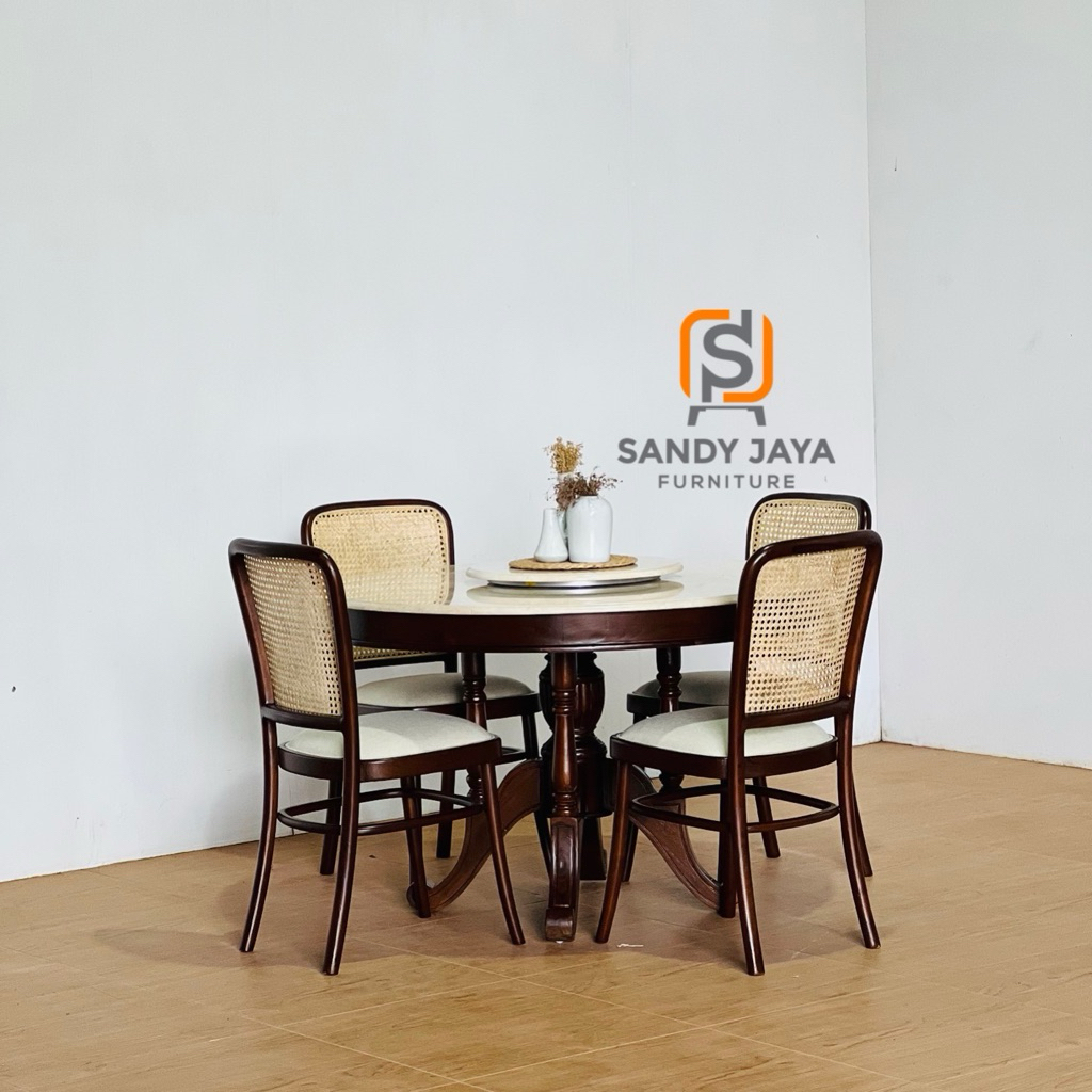 meja makan marmer cream bulat termurah frame kayu jati