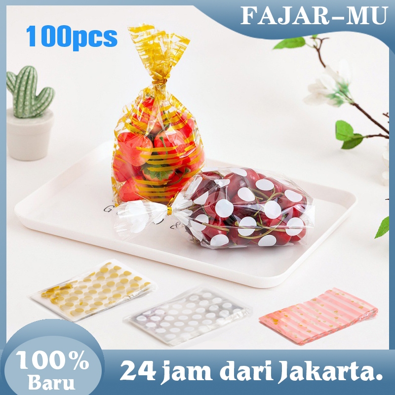 

100Pcs Plastik Bungkus Makanan / Kemasan Cookies Snack Unik / Dengan Pita Emas