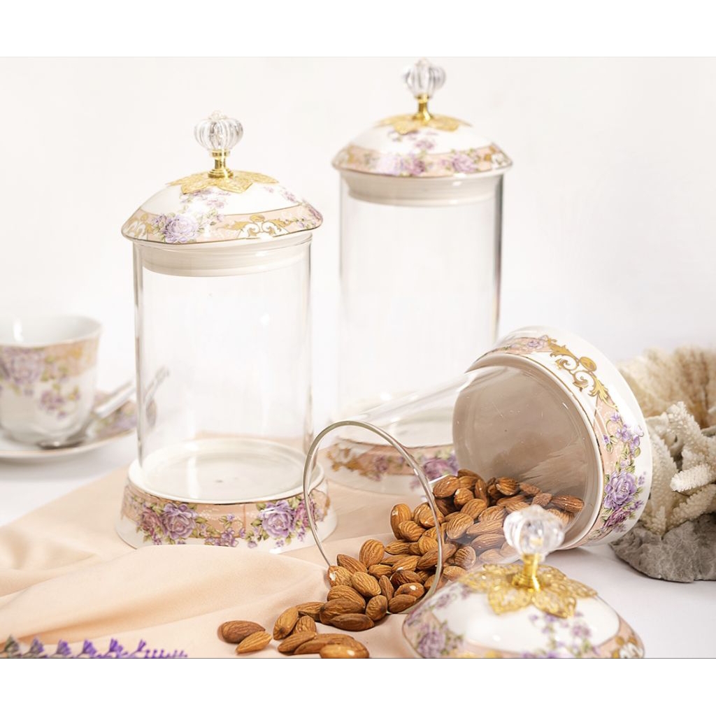 Toples Kedap Udara VICENZA G301, set 3 toples kaca MAGNOLIA dengan 3 ukuran berbeda terbuat dari por
