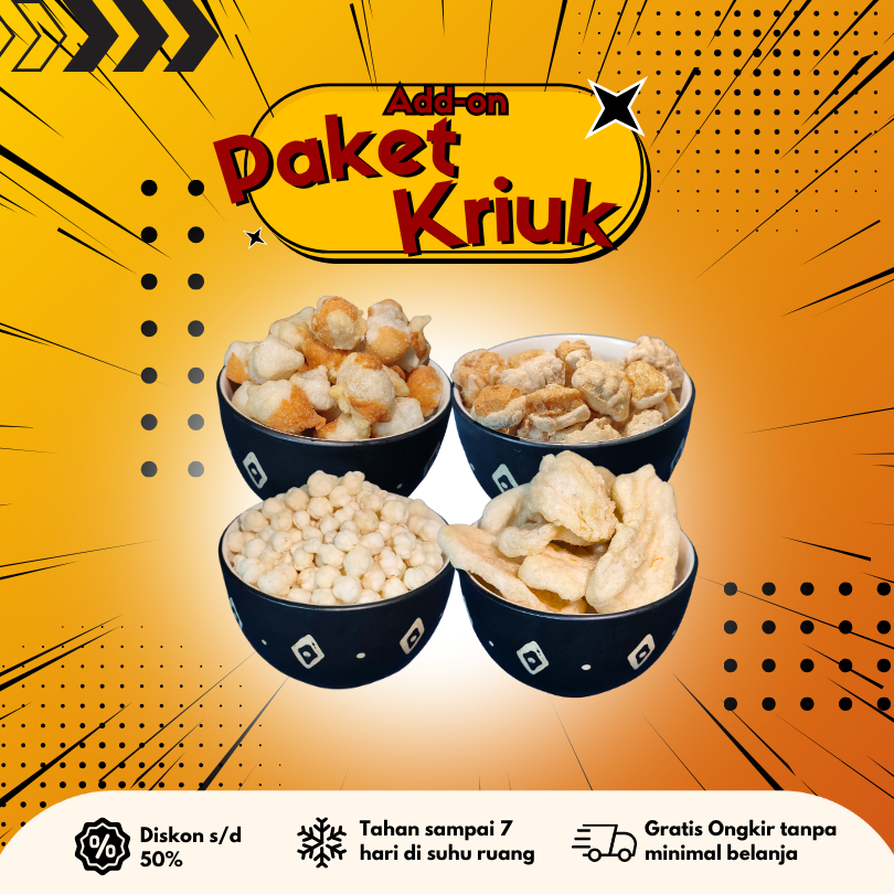 

Cilok D'goang - Paket Kriuk (Cikur Pilus, Batagor Mini Kering, Lidah, Siomay Mini Kering) Topping