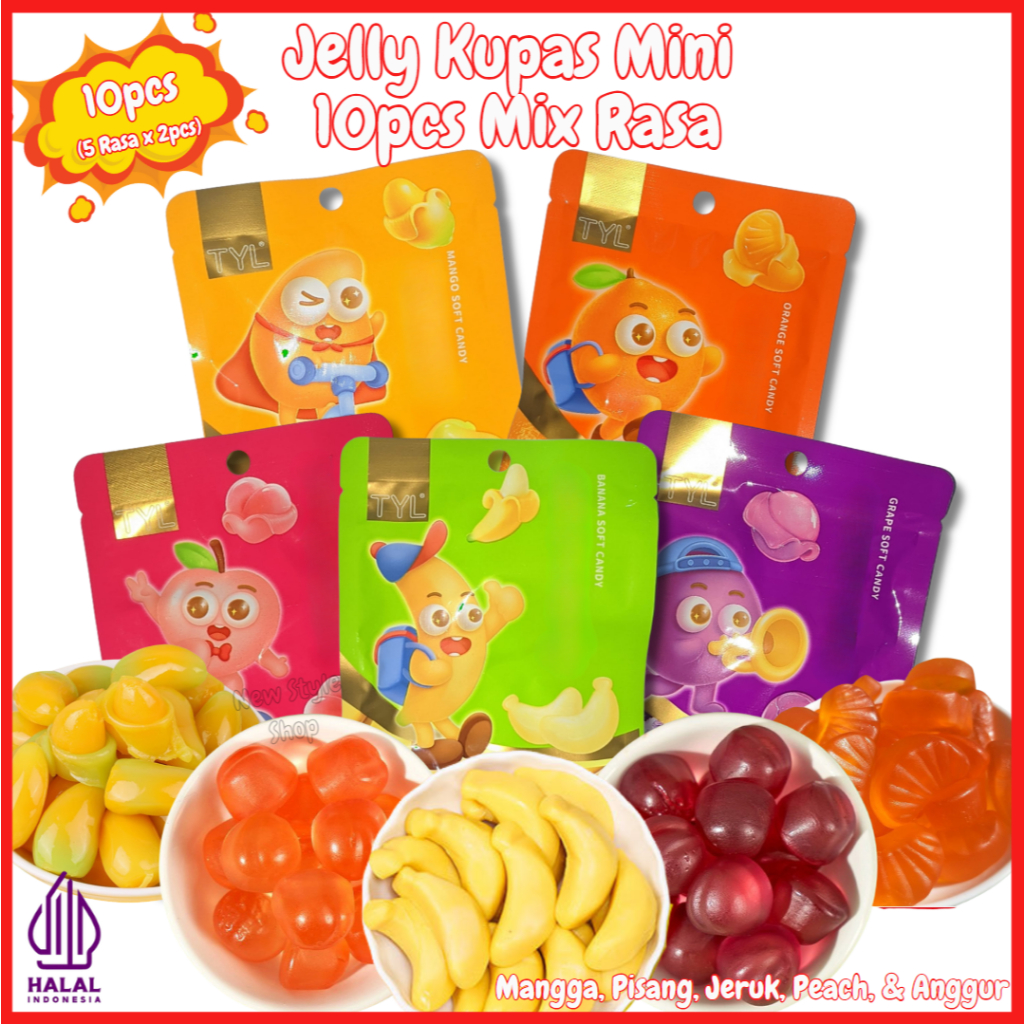 

Jelly Kupas Mini Isi 10pcs Isi 200gr( 20g x 10pcs) Mix Varian Rasa Mangga, Pisang, Jeruk, Peach, & Anggur / Permen Jelly Kupas Aneka Buah / Jelly Kupas
