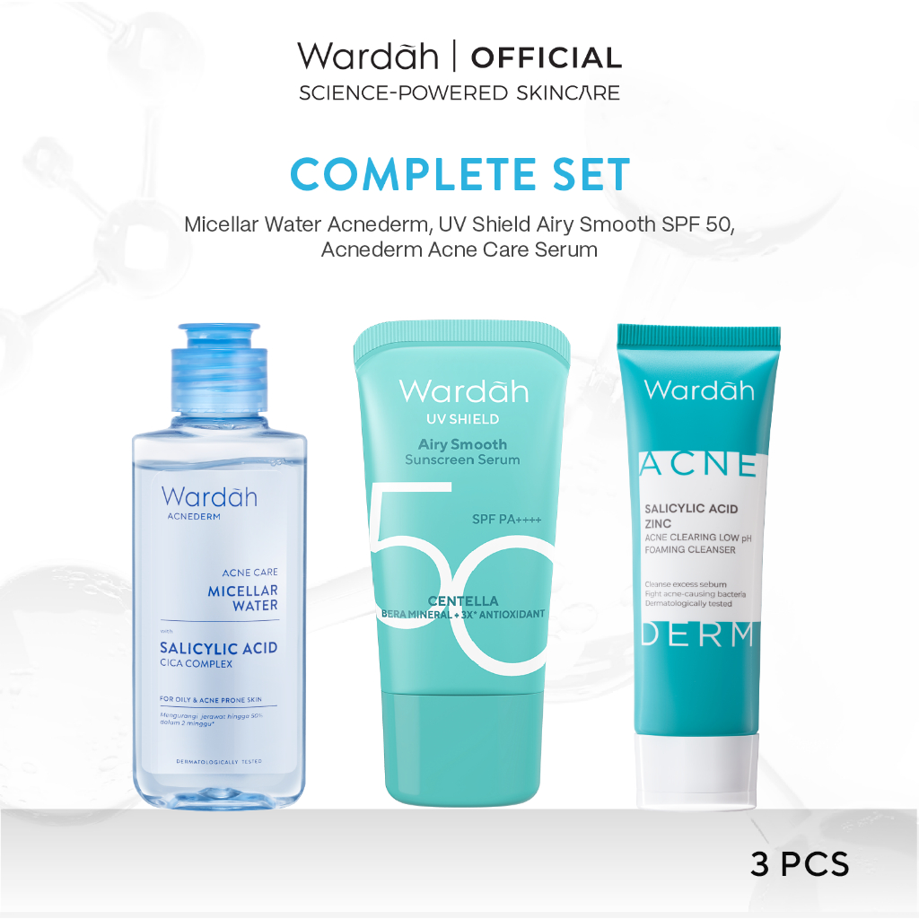 WARDAH Paket Komplit Micellar Water 100 ml + Gel Cleanser Acnederm - Untuk Kulit Wajah yang Lebih Be