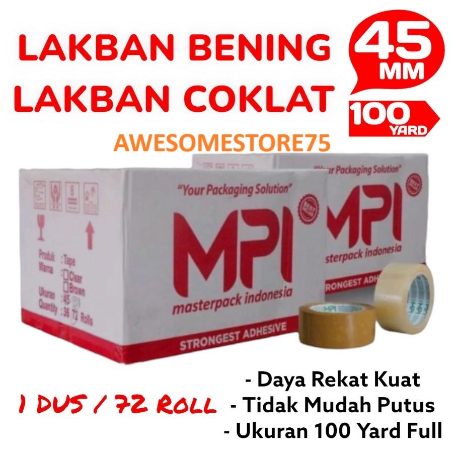 

1 Dus (isi : 72 pcs) MPI Lakban Coklat Bening 45 mm x 100 Yard Isolasi Lem Kertas Cat Mobil Paking Grosir Murah Online Shop Perekat Salasiban Kualitas Daimaru Selotip