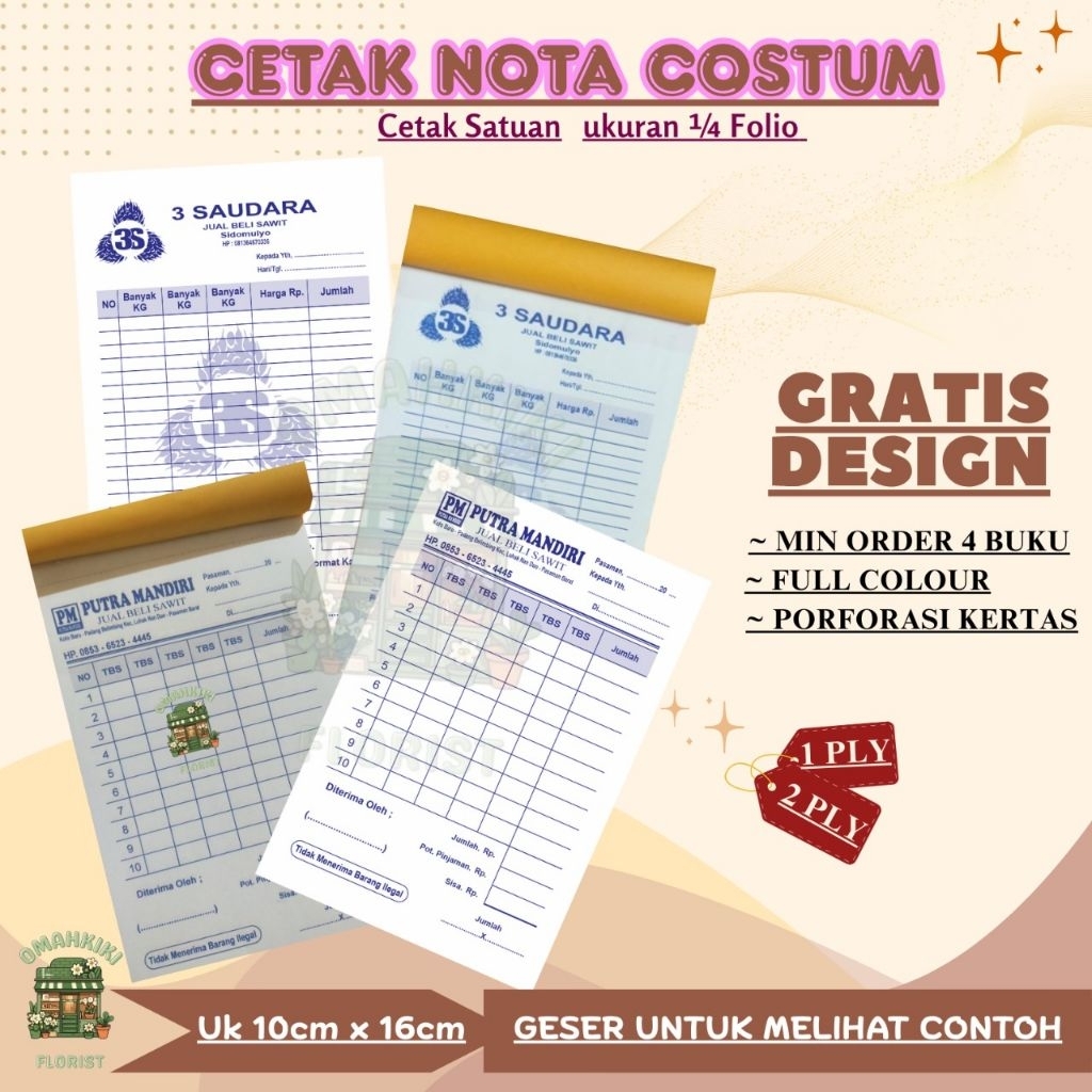 

Nota Custom Satuan 1ply & 2ply Ukuran 1/4 Folio