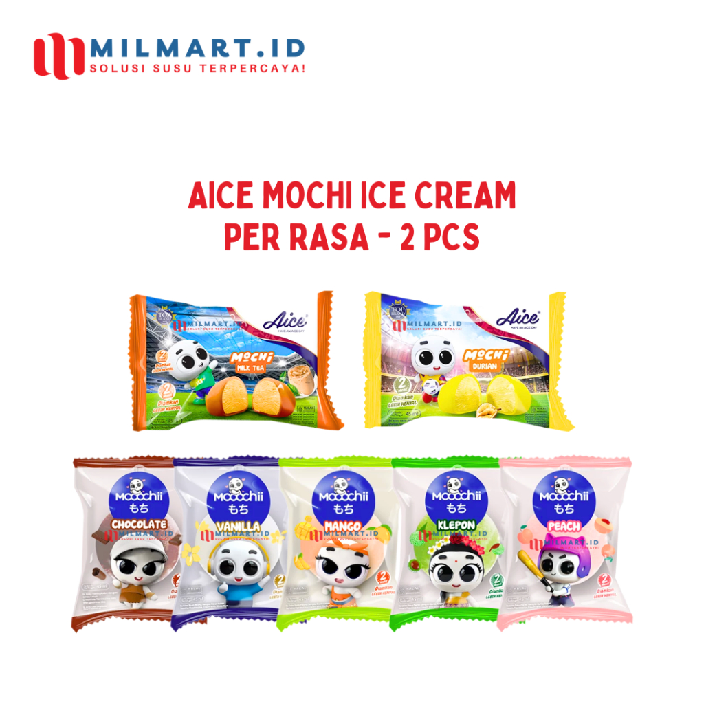 

AICE MOCHI ICE CREAM ES KRIM PER 2PCS DURIAN/PEACH/KLEPON/COKLAT/VANILLA/MANGO/MILK TEA CAMILAN