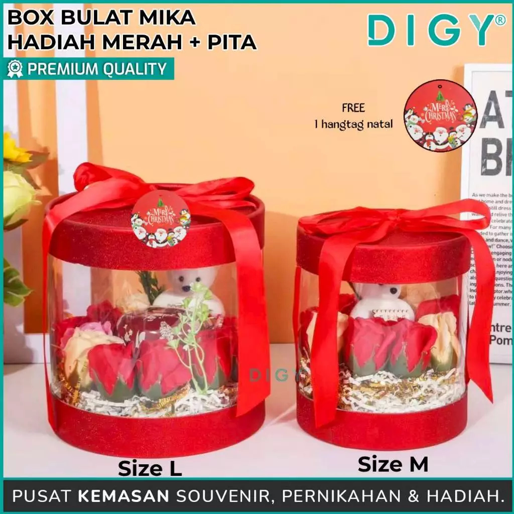 

Hardbox Bulat Merah Mika + Pita / Box Seserahan / Box Hadiah / Hardbox Souvenir Natal / Box Hardbox / Box Mika Merah