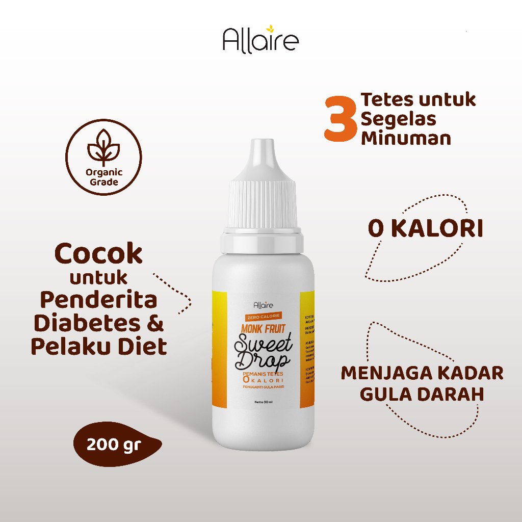 

Allaire Sweet Drop Monkfruit - 30 ml | Pemanis Nol Kalori & Nol Glikemiks | Sweetener Lou Han Guo | Pemanis Luo Han Guo | Halal