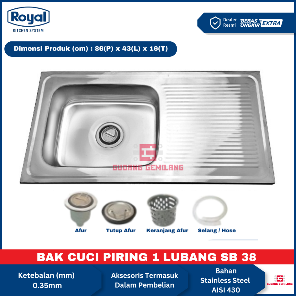 Bak Cuci Piring Stainless Steel Anti Karat Kitchen Sink Washtafel Wastafel 1 Lubang ROYAL SB 38