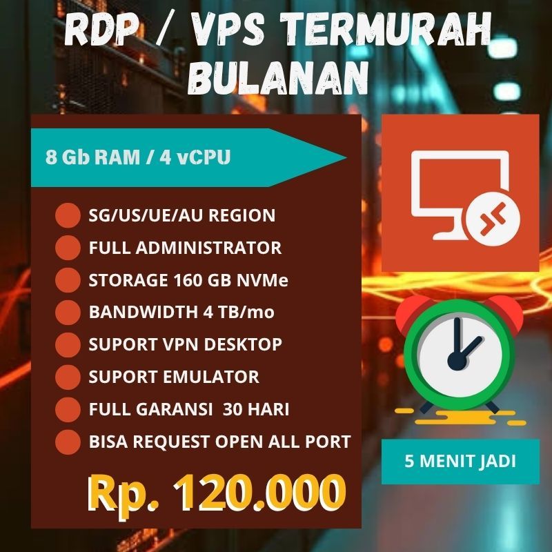 RDP/VPS BULANAN TERMURAH 8GB RAM / 4CPU